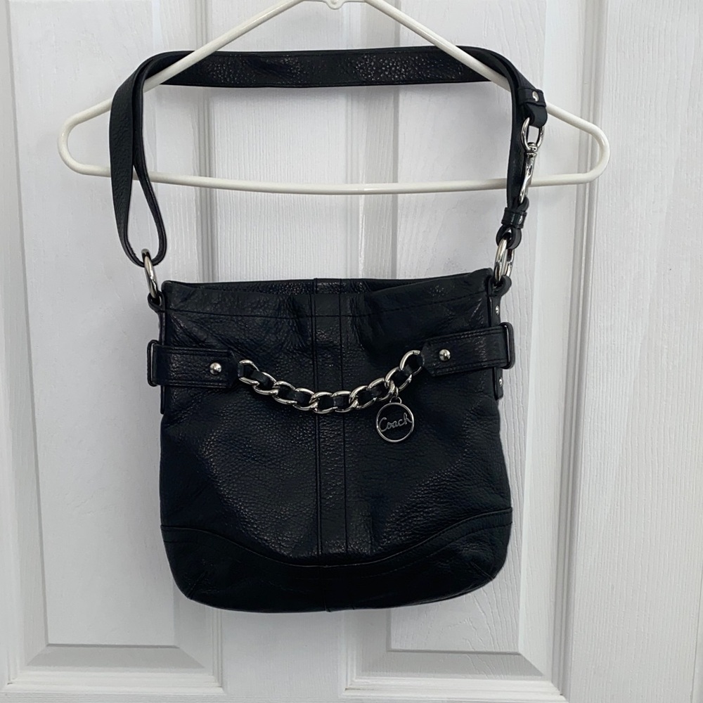 Coach Black 2 Way Leather Bag With Chain Accent And Coach Medallian